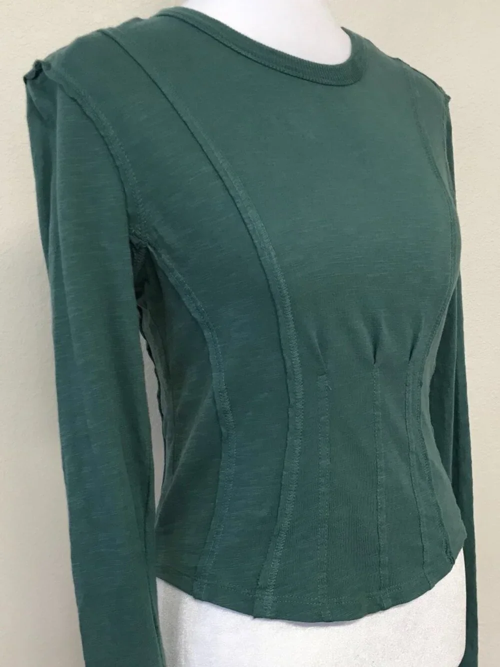 Pilcro Anthropologie Seamed Cotton Corset Tee XXS Teal Long Sleeve Crop Top